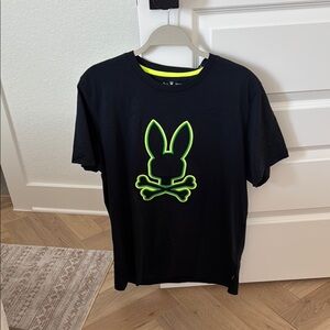 Psycho Bunny Black Short Sleeve Tee with Neon Green Rabbit Graphic